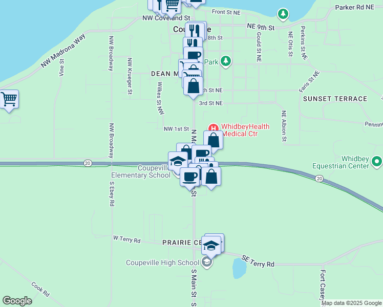 map of restaurants, bars, coffee shops, grocery stores, and more near 7 Northwest Birch Street in Coupeville