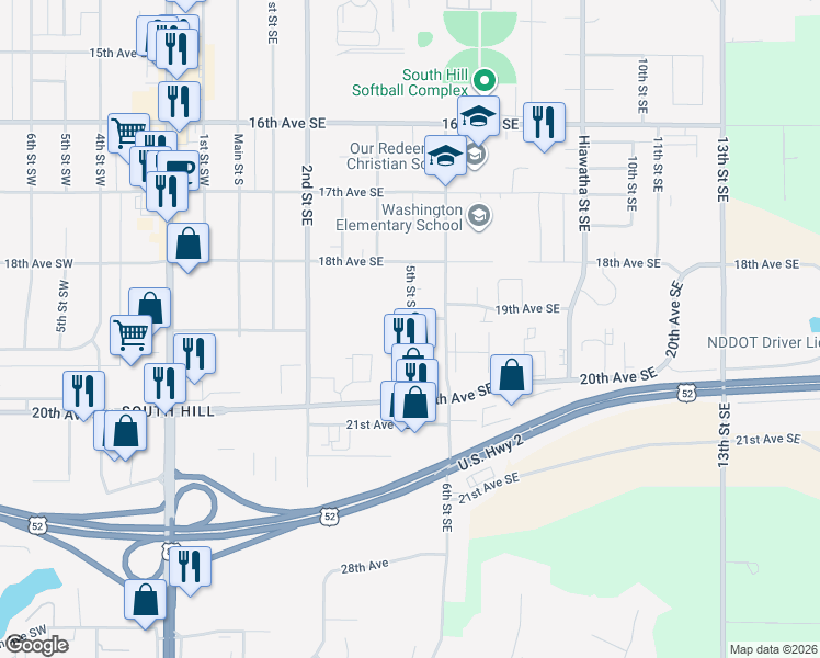 map of restaurants, bars, coffee shops, grocery stores, and more near 508 19th Avenue Southeast in Minot