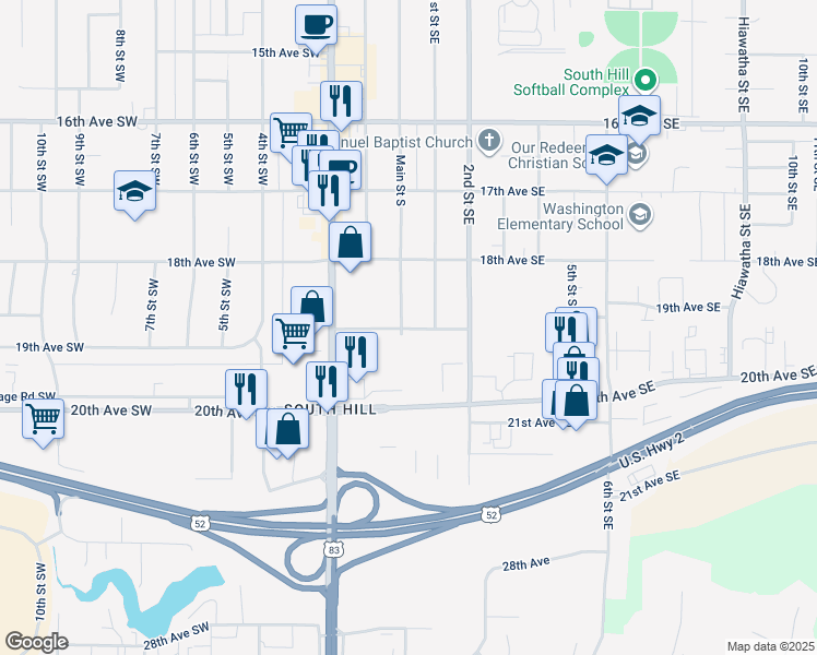 map of restaurants, bars, coffee shops, grocery stores, and more near 1830 Main Street South in Minot