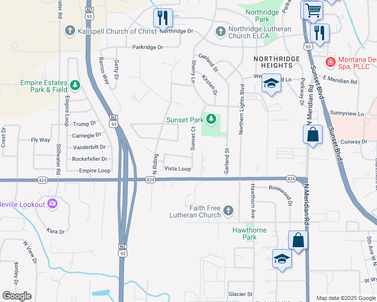 map of restaurants, bars, coffee shops, grocery stores, and more near 76 Sunset Court in Kalispell