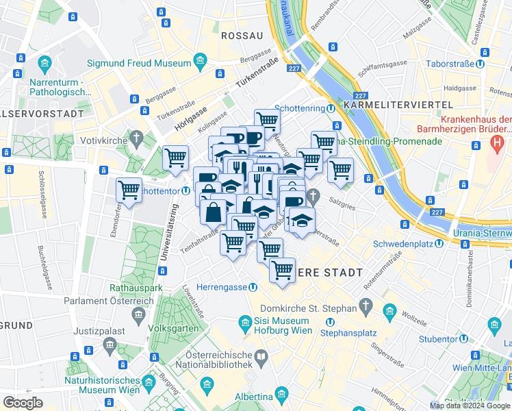 map of restaurants, bars, coffee shops, grocery stores, and more near 3 Hohenstaufengasse in Vienna