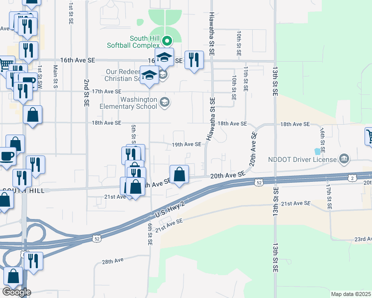 map of restaurants, bars, coffee shops, grocery stores, and more near 740 19th Avenue Southeast in Minot