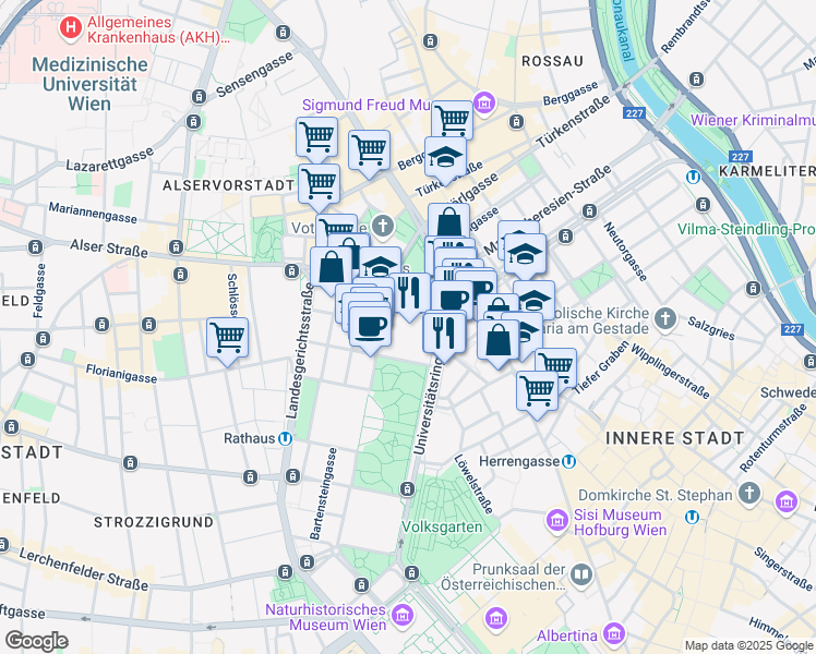 map of restaurants, bars, coffee shops, grocery stores, and more near 1 Universitätsring in Wien