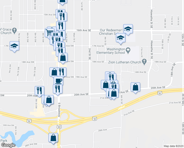 map of restaurants, bars, coffee shops, grocery stores, and more near 1829 2nd Street Southeast in Minot