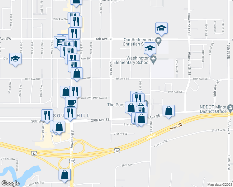 map of restaurants, bars, coffee shops, grocery stores, and more near 1825 2nd Street Southeast in Minot