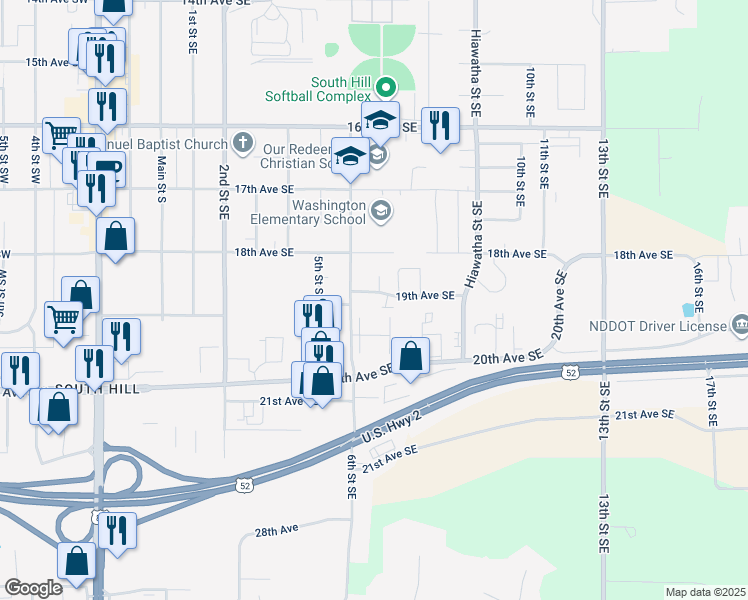 map of restaurants, bars, coffee shops, grocery stores, and more near 1904 6th Street Southeast in Minot