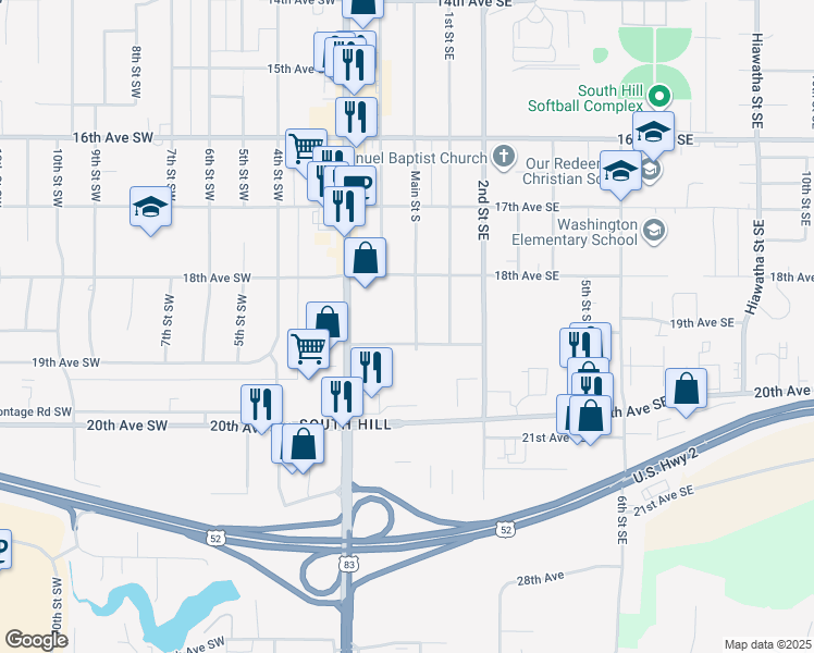 map of restaurants, bars, coffee shops, grocery stores, and more near 1830 Main Street South in Minot