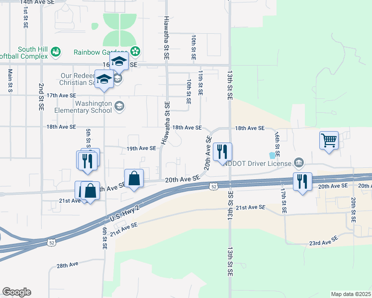 map of restaurants, bars, coffee shops, grocery stores, and more near 1947 Hiawatha Street Southeast in Minot