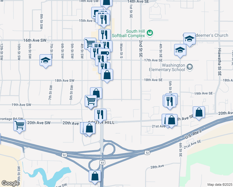 map of restaurants, bars, coffee shops, grocery stores, and more near 1830 Main Street South in Minot