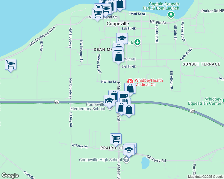 map of restaurants, bars, coffee shops, grocery stores, and more near 7 Northwest Birch Street in Coupeville