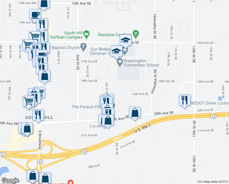 map of restaurants, bars, coffee shops, grocery stores, and more near 1824 6th Street Southeast in Minot