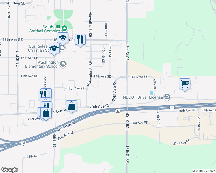map of restaurants, bars, coffee shops, grocery stores, and more near 907 18th Avenue Southeast in Minot
