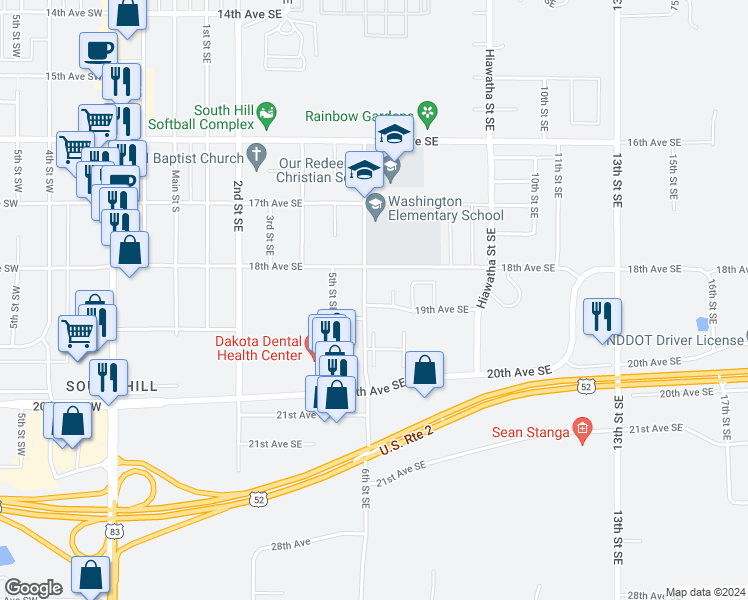 map of restaurants, bars, coffee shops, grocery stores, and more near 1904 6th Street Southeast in Minot
