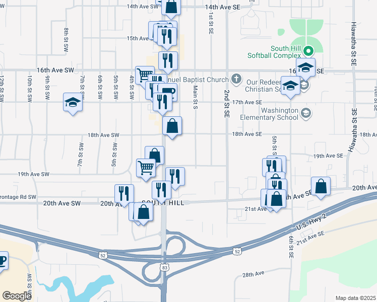 map of restaurants, bars, coffee shops, grocery stores, and more near 1830 Main Street South in Minot