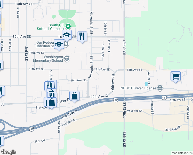 map of restaurants, bars, coffee shops, grocery stores, and more near 1801 Hiawatha Street Southeast in Minot