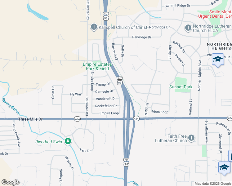 map of restaurants, bars, coffee shops, grocery stores, and more near 42 Vanderbilt Drive in Kalispell