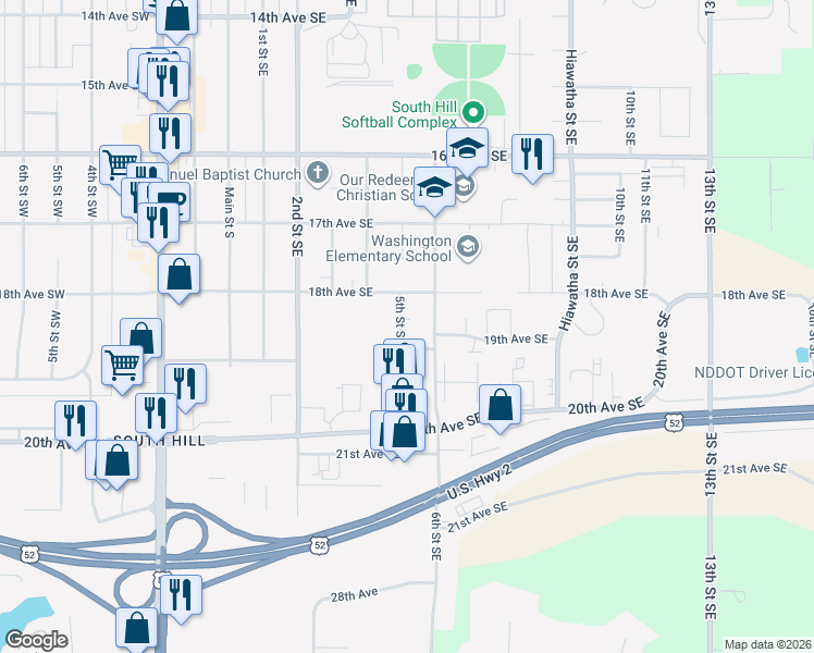 map of restaurants, bars, coffee shops, grocery stores, and more near 1819 5th Street Southeast in Minot