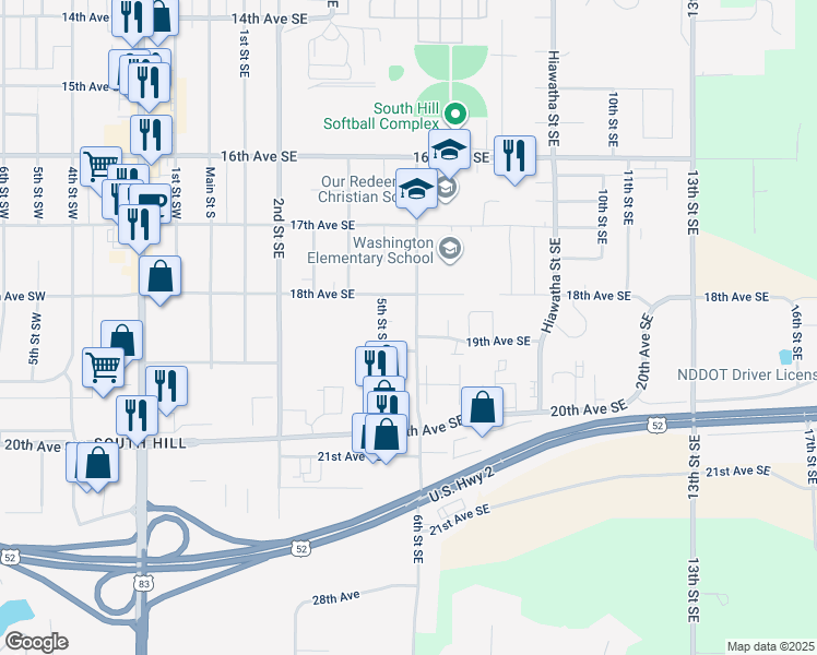 map of restaurants, bars, coffee shops, grocery stores, and more near 1818 6th Street Southeast in Minot
