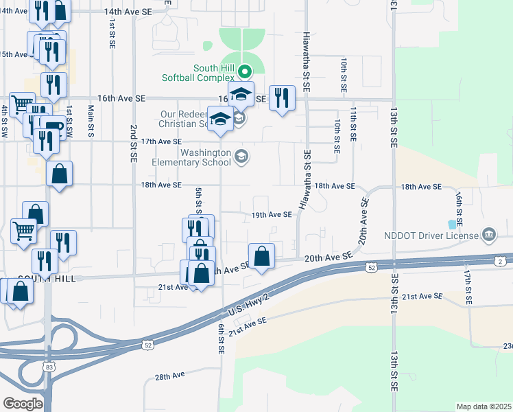 map of restaurants, bars, coffee shops, grocery stores, and more near 631 19th Avenue Southeast in Minot