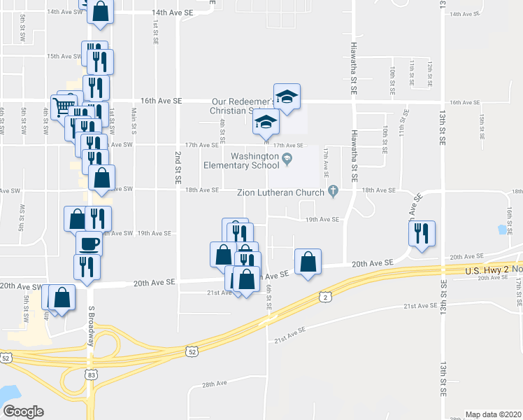 map of restaurants, bars, coffee shops, grocery stores, and more near 504 18th Avenue Southeast in Minot