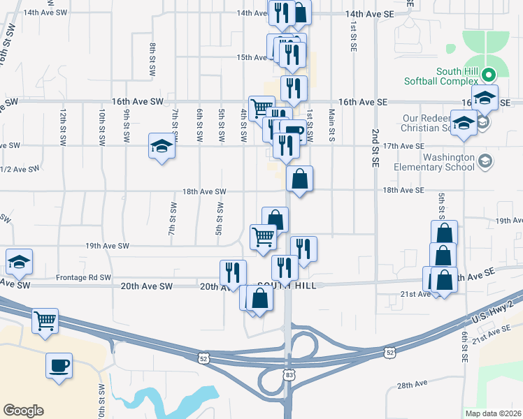 map of restaurants, bars, coffee shops, grocery stores, and more near 1800 South Broadway in Minot