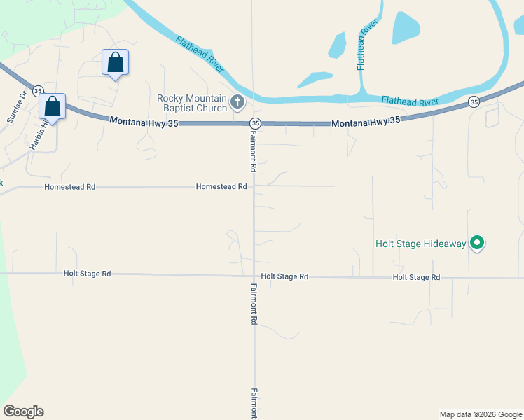 map of restaurants, bars, coffee shops, grocery stores, and more near 203 Fairmont Road in Kalispell