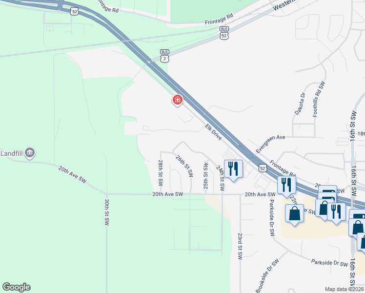 map of restaurants, bars, coffee shops, grocery stores, and more near 1954 24th Street Southwest in Minot
