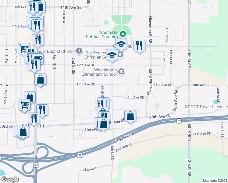map of restaurants, bars, coffee shops, grocery stores, and more near 1811 6th Street Southeast in Minot