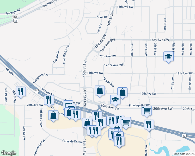 map of restaurants, bars, coffee shops, grocery stores, and more near 1406-1502 18th Avenue Southwest in Minot