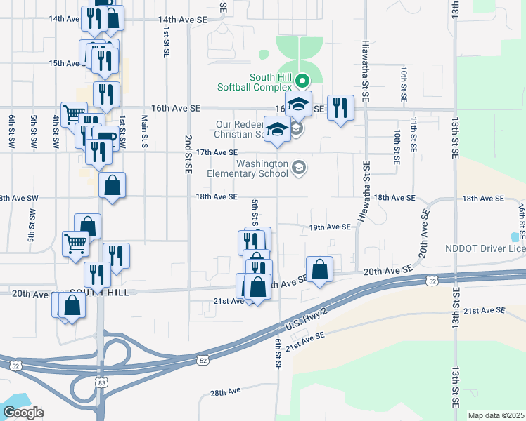 map of restaurants, bars, coffee shops, grocery stores, and more near 504 18th Avenue Southeast in Minot
