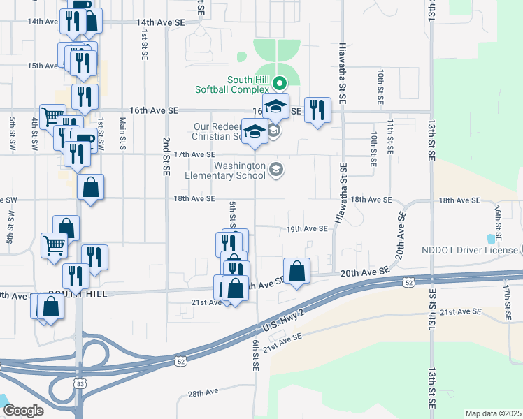 map of restaurants, bars, coffee shops, grocery stores, and more near 604 18th Avenue Southeast in Minot