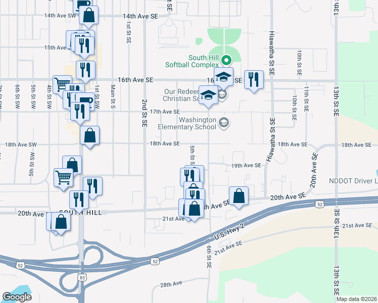 map of restaurants, bars, coffee shops, grocery stores, and more near 1806 5th Street Southeast in Minot