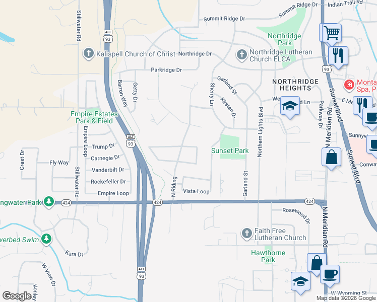 map of restaurants, bars, coffee shops, grocery stores, and more near 63 East Northview Loop in Kalispell