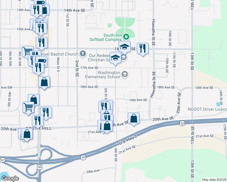map of restaurants, bars, coffee shops, grocery stores, and more near 1806 6th Street Southeast in Minot