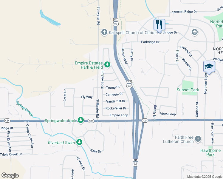 map of restaurants, bars, coffee shops, grocery stores, and more near 18 Trump Drive in Kalispell