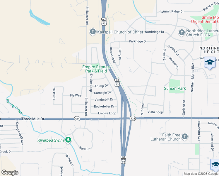 map of restaurants, bars, coffee shops, grocery stores, and more near 75 Empire Loop in Kalispell