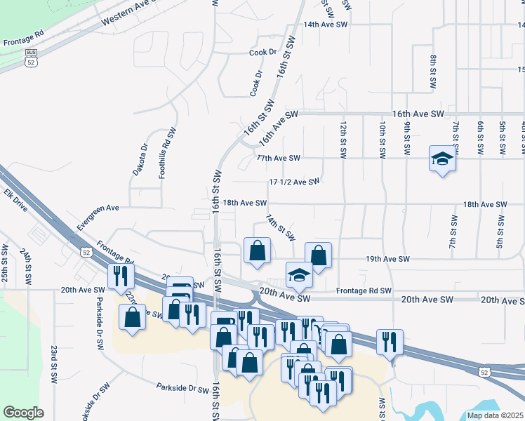 map of restaurants, bars, coffee shops, grocery stores, and more near 1800 14th Street Southwest in Minot