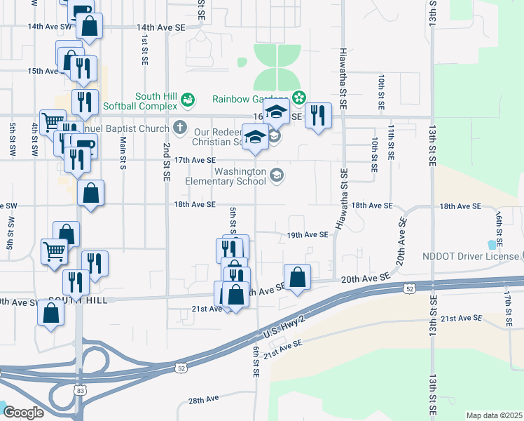 map of restaurants, bars, coffee shops, grocery stores, and more near 604 18th Avenue Southeast in Minot