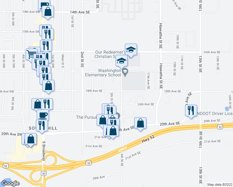 map of restaurants, bars, coffee shops, grocery stores, and more near 504 18th Avenue Southeast in Minot