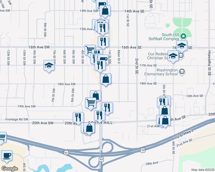 map of restaurants, bars, coffee shops, grocery stores, and more near 105 18th Avenue Southwest in Minot
