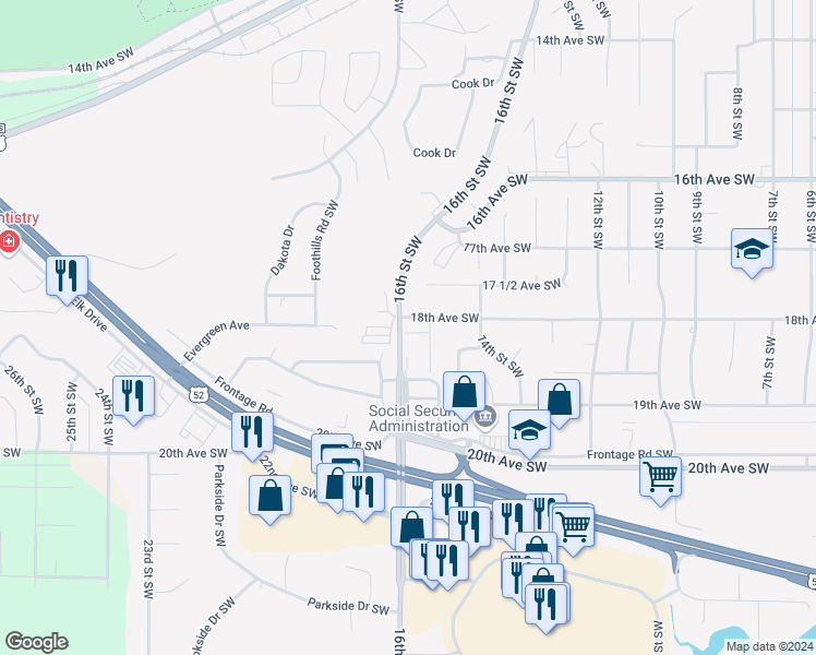 map of restaurants, bars, coffee shops, grocery stores, and more near 1519 18th Avenue Southwest in Minot