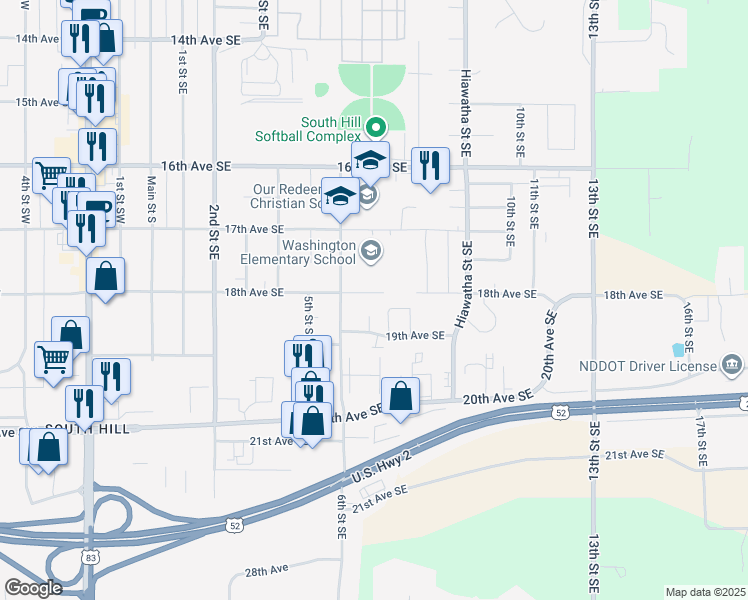 map of restaurants, bars, coffee shops, grocery stores, and more near 612 18th Avenue Southeast in Minot