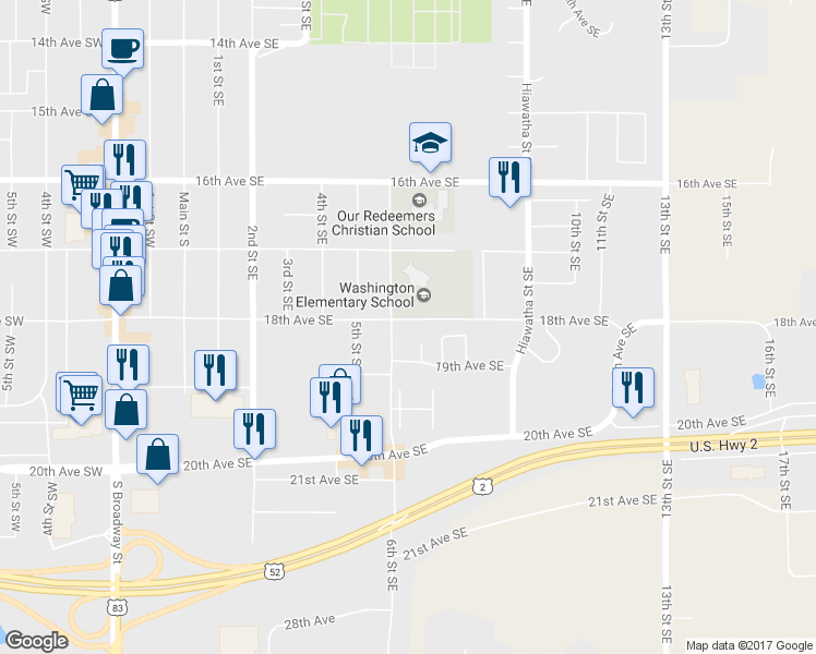 map of restaurants, bars, coffee shops, grocery stores, and more near 604 18th Avenue Southeast in Minot