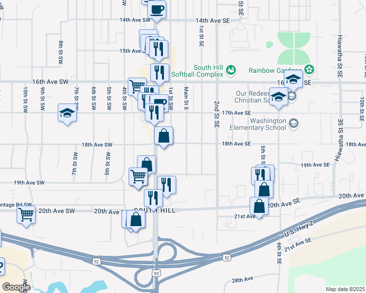map of restaurants, bars, coffee shops, grocery stores, and more near 1800 Main Street South in Minot