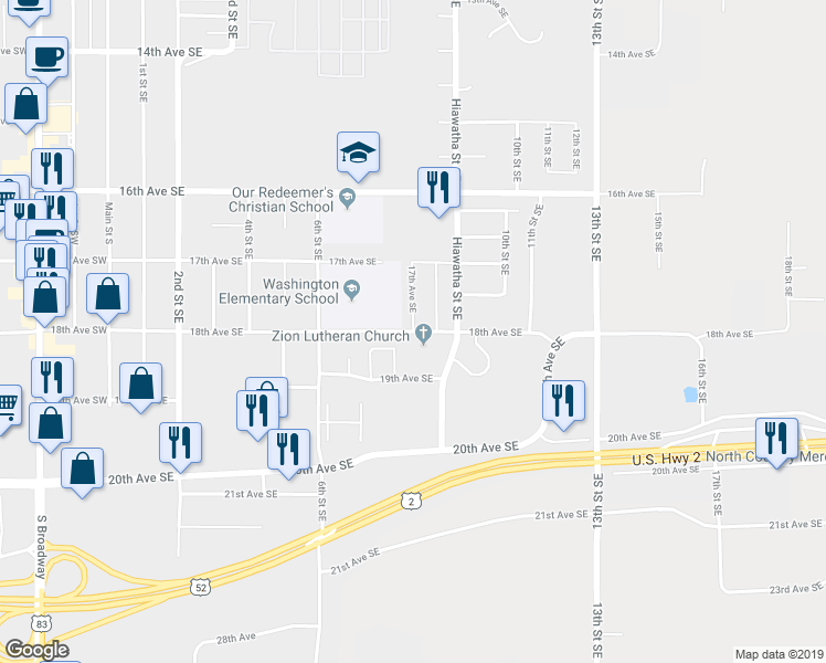 map of restaurants, bars, coffee shops, grocery stores, and more near 18th Avenue Southeast in Minot