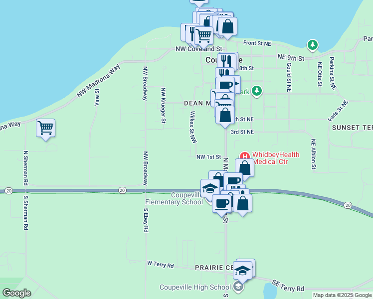 map of restaurants, bars, coffee shops, grocery stores, and more near 104 Wilkes Street Northwest in Coupeville