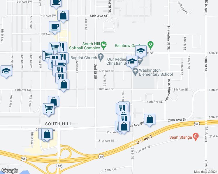 map of restaurants, bars, coffee shops, grocery stores, and more near 305 18th Avenue Southeast in Minot