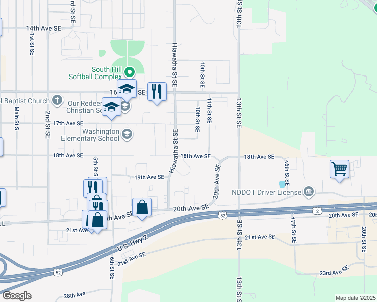 map of restaurants, bars, coffee shops, grocery stores, and more near 907 18th Avenue Southeast in Minot