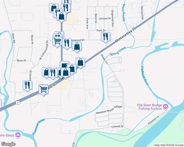 map of restaurants, bars, coffee shops, grocery stores, and more near 115 South Cedar Drive in Kalispell