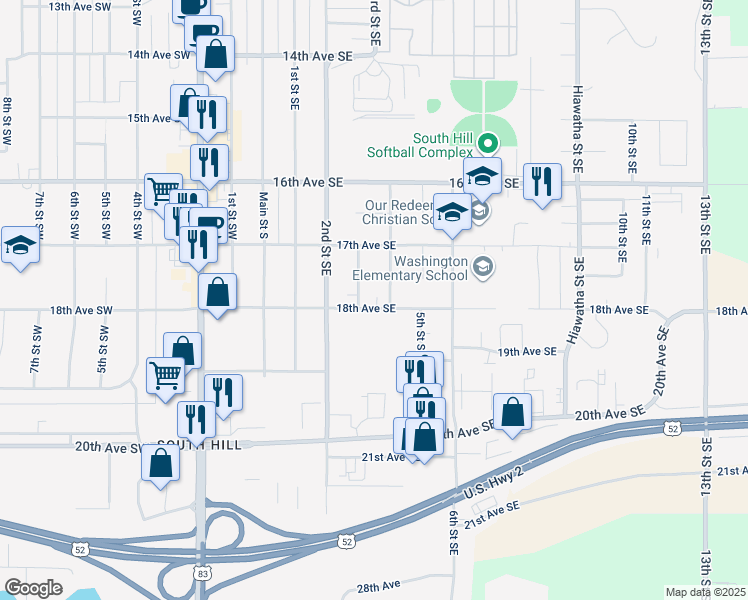 map of restaurants, bars, coffee shops, grocery stores, and more near 305 18th Avenue Southeast in Minot